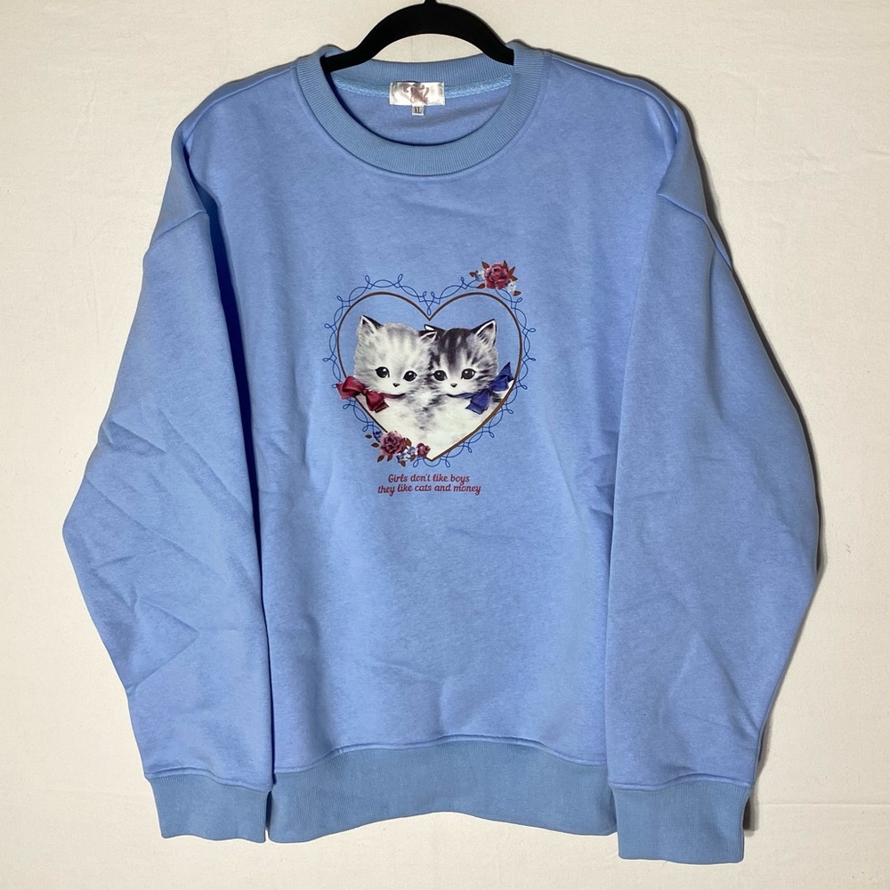 Tal Clothing Blue “Girls Don’t Like Boys They Like Cats And Money” Sweatshirt XL